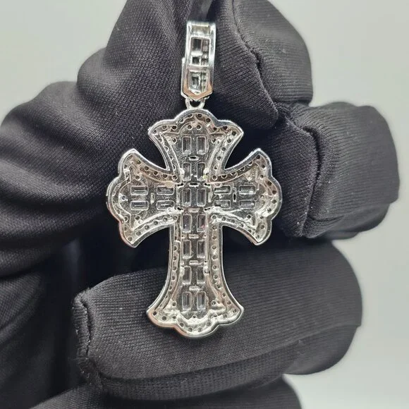 Silver 925 Rhodium Plated Fleur De Lis Cross Baguette Cut Clear CZ Pendant - Picture 8 of 9